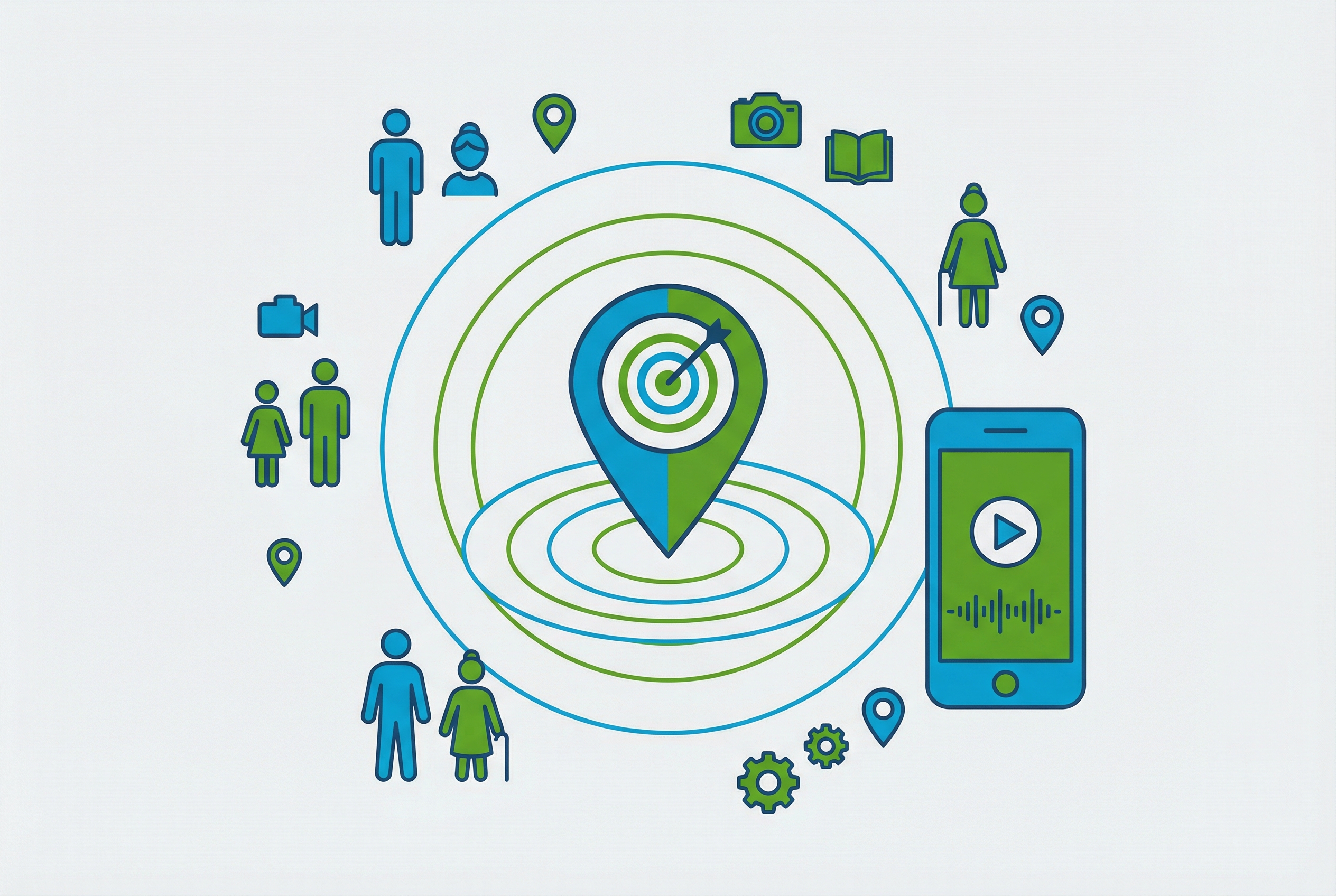 Local business targeting concept showing a bullseye centered on a map pin with demographic icons and a mobile phone
